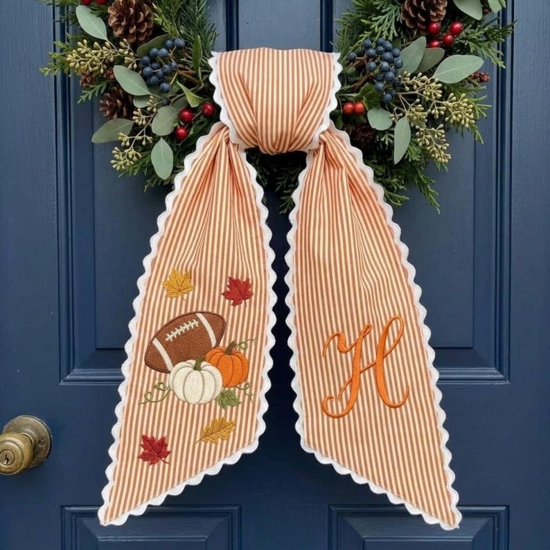 Personalized Football Pumpkin Wreath Sash, Embroidered Fall Door Decor, Thanksgiving Monogram Bow