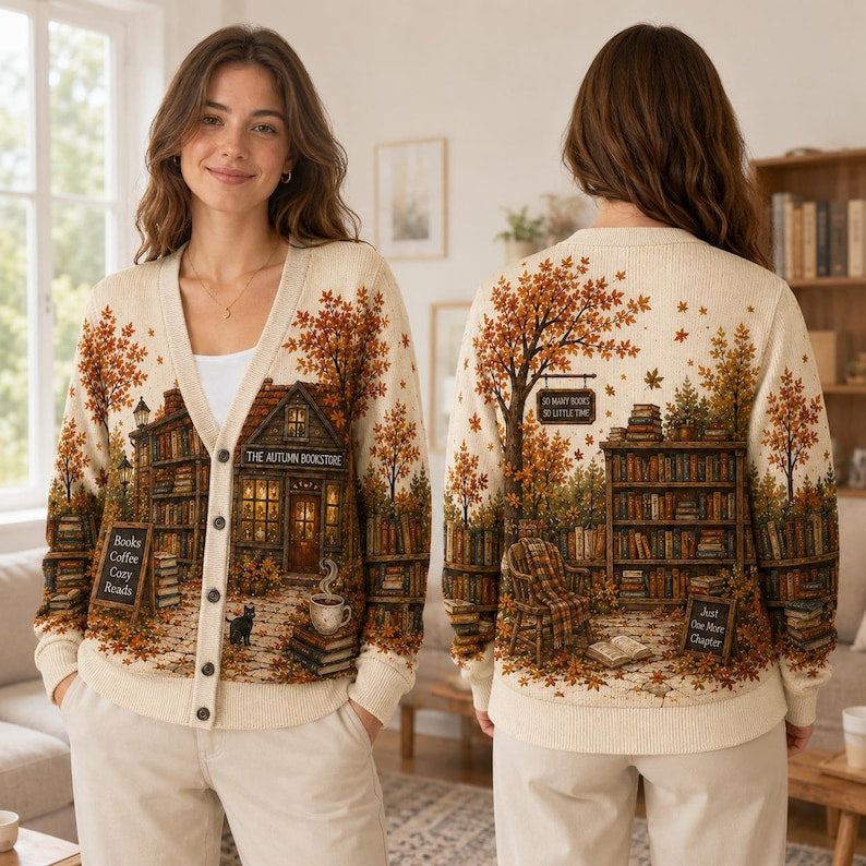Cottagecore Book Lover Cardigan, Bookshelf Knit Sweater, Vintage Autumn Countryside Cardigan, Cozy Librarian Gift