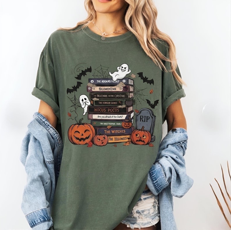 Comfort Colors Halloween Book Stack T-Shirt, Spooky Season Movie Lover Tee