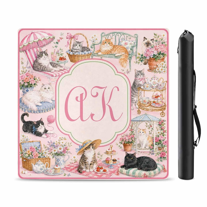Personalized Cat Mahjong Mat, Custom Monogram Mahjong Table Mat, Pink Floral Cat Game Mat