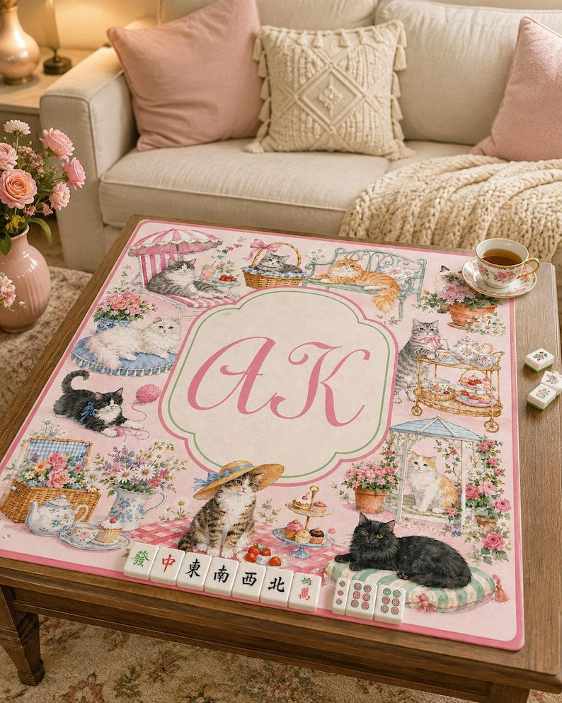 Personalized Cat Mahjong Mat, Custom Monogram Mahjong Table Mat, Pink Floral Cat Game Mat