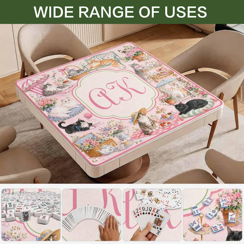 Personalized Cat Mahjong Mat, Custom Monogram Mahjong Table Mat, Pink Floral Cat Game Mat