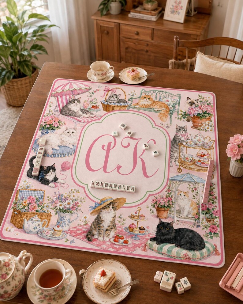 Personalized Cat Mahjong Mat, Custom Monogram Mahjong Table Mat, Pink Floral Cat Game Mat