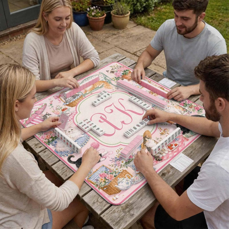 Personalized Cat Mahjong Mat, Custom Monogram Mahjong Table Mat, Pink Floral Cat Game Mat