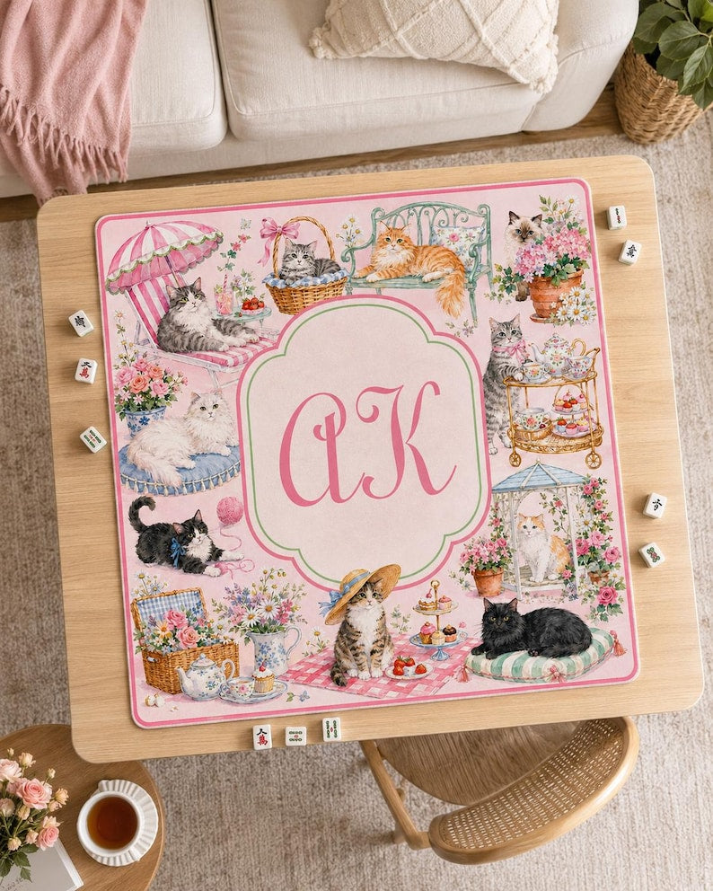 Personalized Cat Mahjong Mat, Custom Monogram Mahjong Table Mat, Pink Floral Cat Game Mat