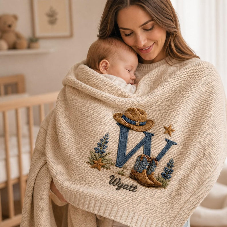 Personalized Knit Western Baby Blanket Name, Custom Embroidered Brown Cowboy Baby Shower Gift, Gift for Baby Boy