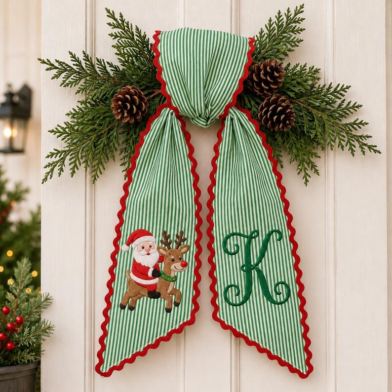 Personalized Santa Reindeer Christmas Wreath Sash, Green Stripe Monogram Door Bow