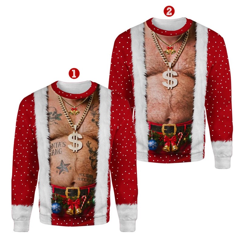 3D Realistic Hairy Santa Sweatshirt, Funny Santa Body Sweater, Gag Gift for Husband, Offensive Ugly Xmas Shirt