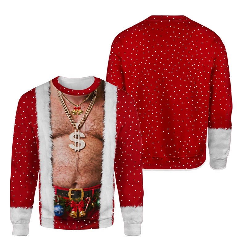 3D Realistic Hairy Santa Sweatshirt, Funny Santa Body Sweater, Gag Gift for Husband, Offensive Ugly Xmas Shirt