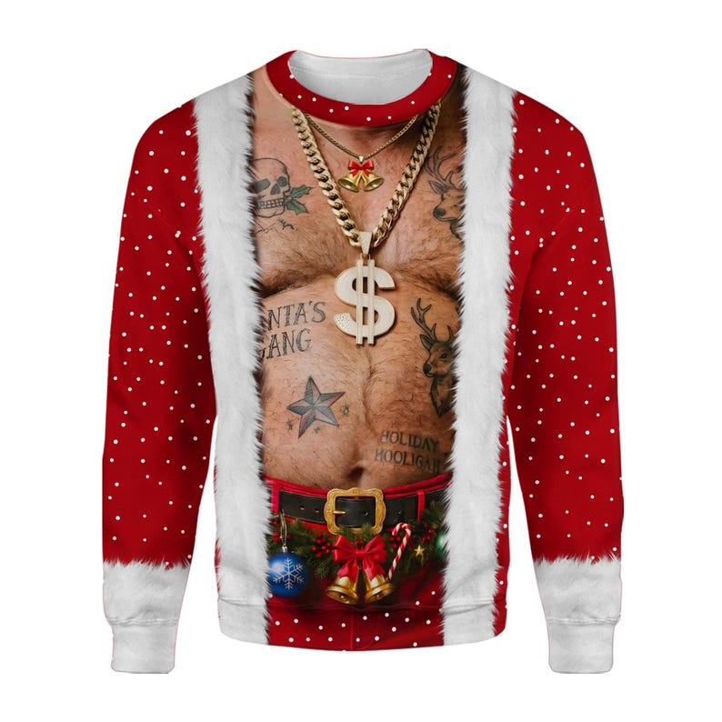 3D Realistic Hairy Santa Sweatshirt, Funny Santa Body Sweater, Gag Gift for Husband, Offensive Ugly Xmas Shirt