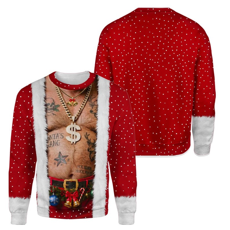 3D Realistic Hairy Santa Sweatshirt, Funny Santa Body Sweater, Gag Gift for Husband, Offensive Ugly Xmas Shirt