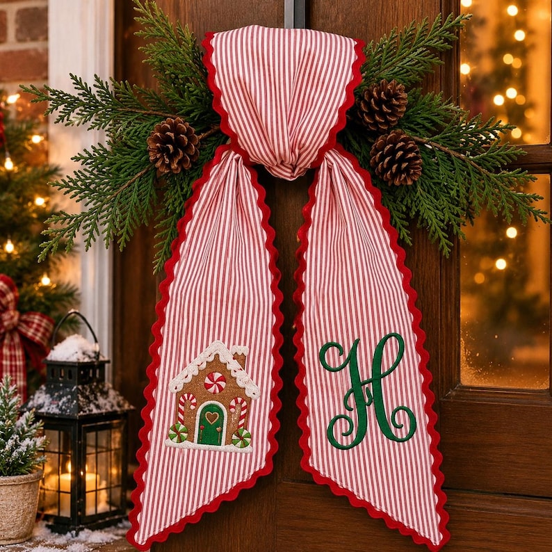 Personalized Gingerbread House Wreath Sash, Red Stripe Monogram Door Bow
