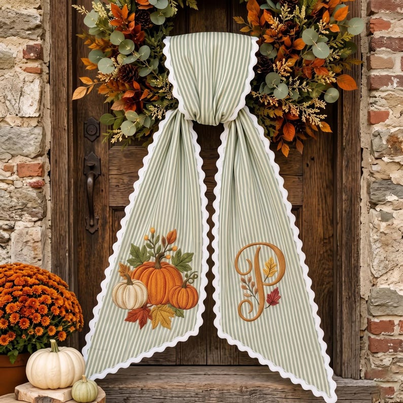 Custom Embroidery Pumpkin Autumn Wreath Sash, Personalized Fall Monogram Bow Decor, Stripe Ribbon Bow