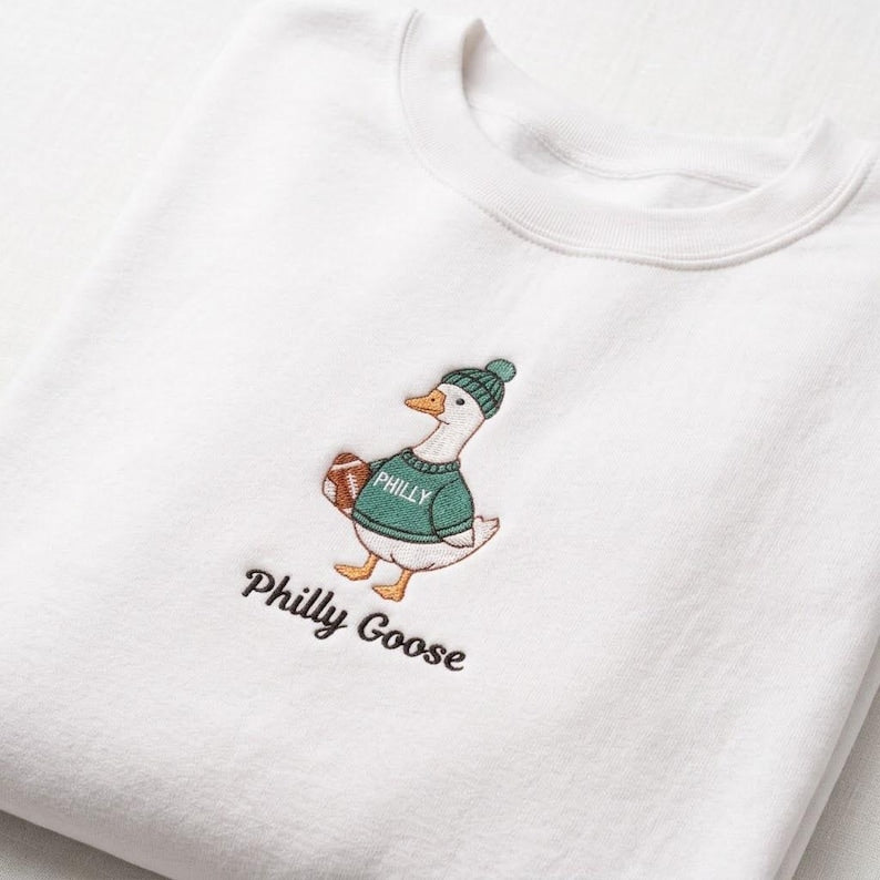 Embroidered Philly Goose Sweatshirt, Funny Philadelphia Football Crewneck, Green Game Day Mascot Pullover