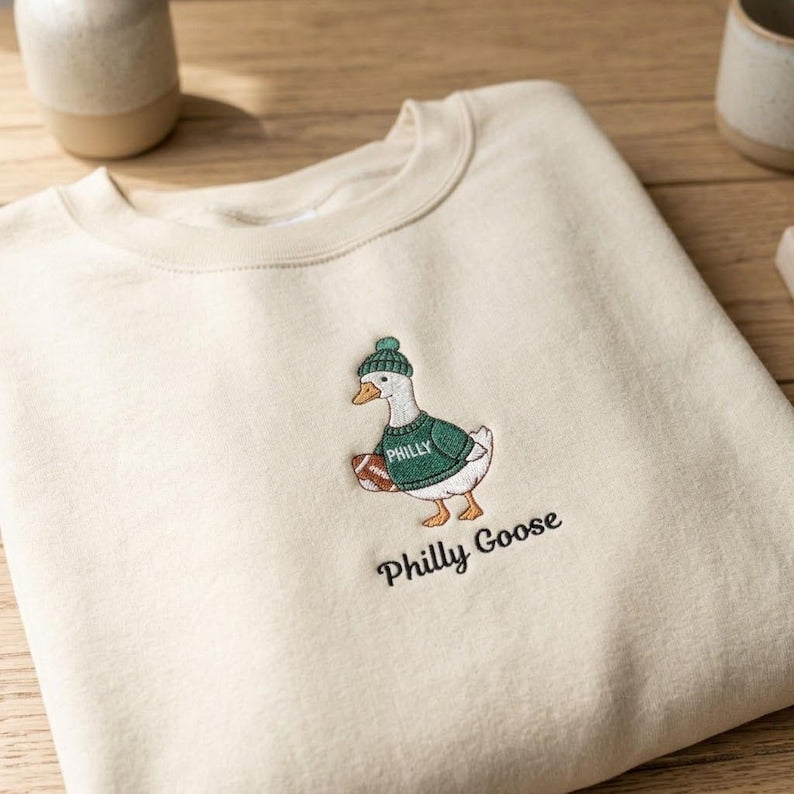 Embroidered Philly Goose Sweatshirt, Funny Philadelphia Football Crewneck, Green Game Day Mascot Pullover