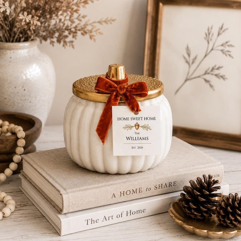 Personalized Pumpkin Candle Jar Container, Home Styling, Fall Centerpiece, Thanksgiving Table, Hostess Gift, Housewarming Present
