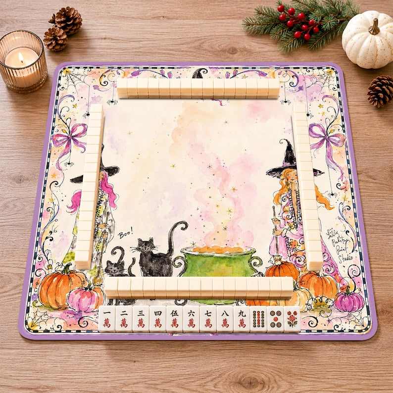Whimsical Halloween Witches Mahjong Mat, Black Cat Cauldron Purple Bows Table Cover, Spooky Season Game Decor
