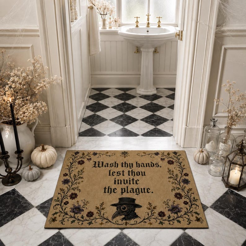 Gothic Bathroom Coir Doormat with Quote and Floral Border