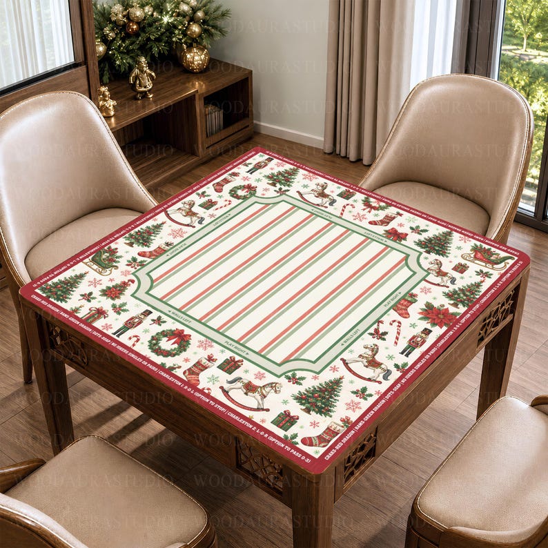Christmas Nutcracker Holiday Mahjong Mat, Red Green Winter Game Mat, Festive Christmas Tree, Non-slip Table Cover