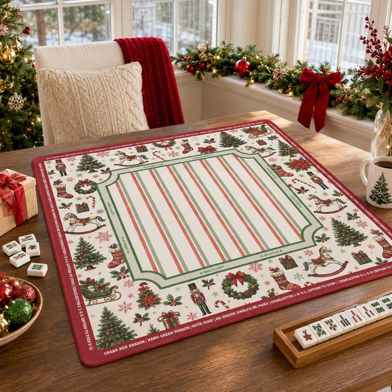 Christmas Nutcracker Holiday Mahjong Mat, Red Green Winter Game Mat, Festive Christmas Tree, Non-slip Table Cover
