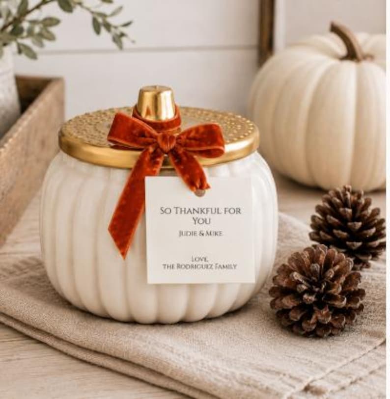 Personalized Pumpkin Candle Jar Container, Home Styling, Fall Centerpiece, Thanksgiving Table, Hostess Gift, Housewarming Present