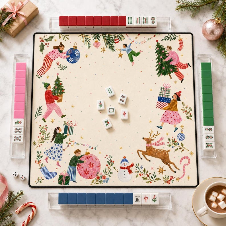 Christmas Mahjong Mat, Cream Festive American Mah Jongg Game Mat, Holiday Mahjong Gift
