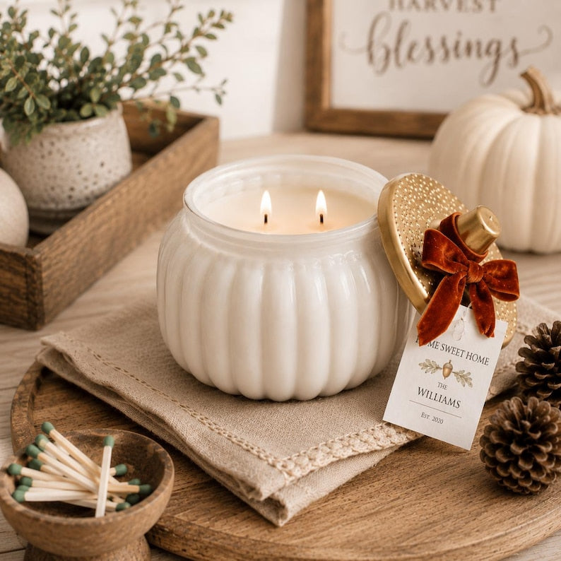 Personalized Pumpkin Candle Jar Container, Home Styling, Fall Centerpiece, Thanksgiving Table, Hostess Gift, Housewarming Present