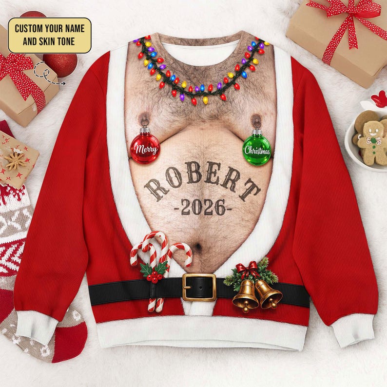 Personalized Santa Belly Christmas Sweater, Custom Name, Funny Xmas Gift for Men