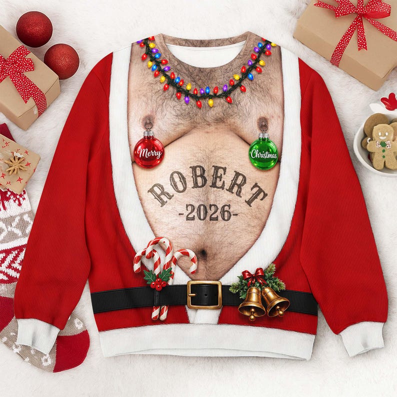 Personalized Santa Belly Christmas Sweater, Custom Name, Funny Xmas Gift for Men