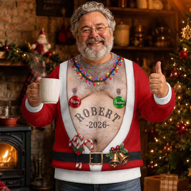 Personalized Santa Belly Christmas Sweater, Custom Name, Funny Xmas Gift for Men