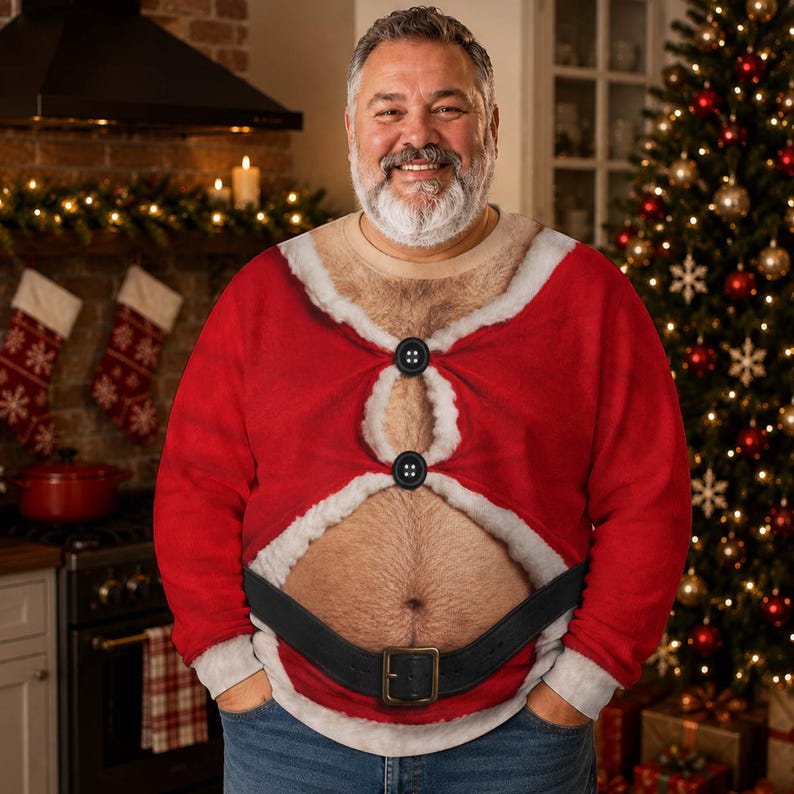 Funny Santa Belly Illusion Sweater, Ugly Christmas Party Shirt for Men