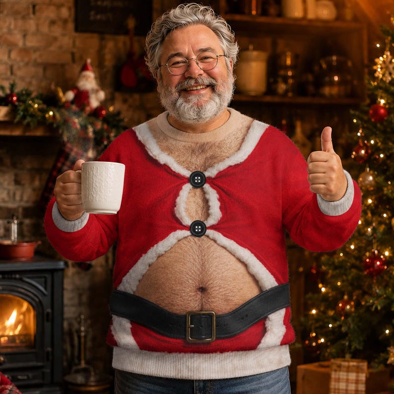 Funny Santa Belly Illusion Sweater, Ugly Christmas Party Shirt for Men