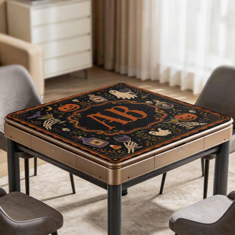Personalized Halloween Mahjong Mat, Custom Monogram Table Cover, Gothic Pumpkin Mahjong, Spooky Game Night Mat