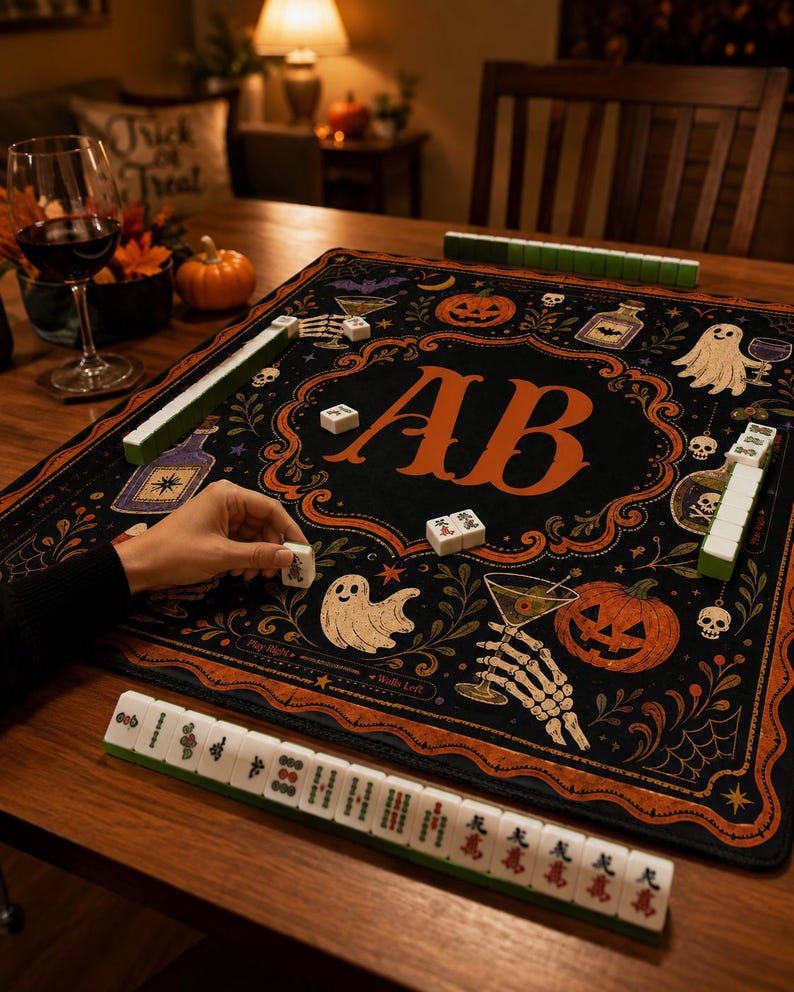 Personalized Halloween Mahjong Mat, Custom Monogram Table Cover, Gothic Pumpkin Mahjong, Spooky Game Night Mat