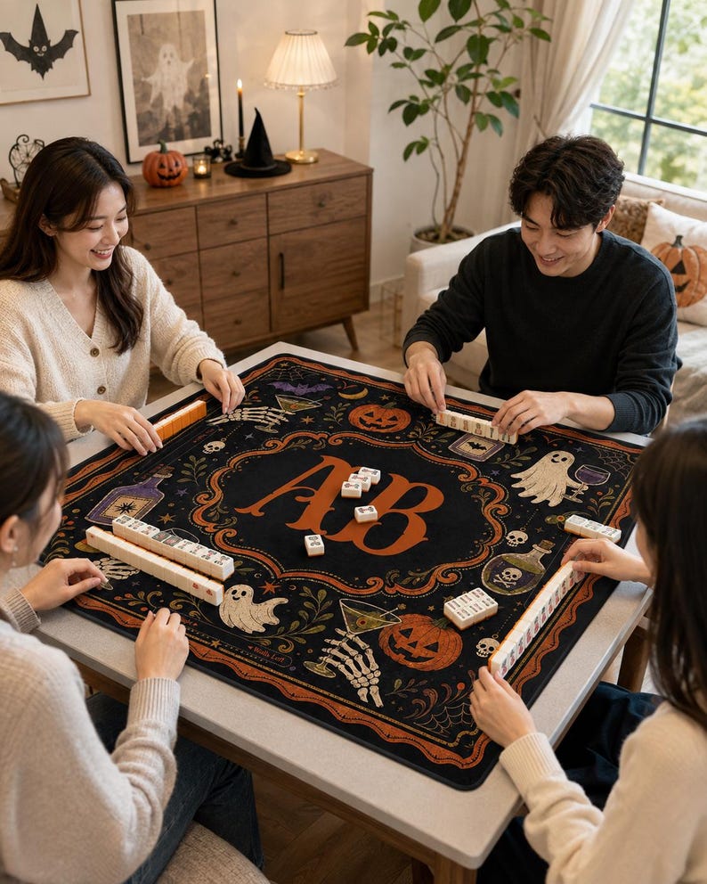 Personalized Halloween Mahjong Mat, Custom Monogram Table Cover, Gothic Pumpkin Mahjong, Spooky Game Night Mat