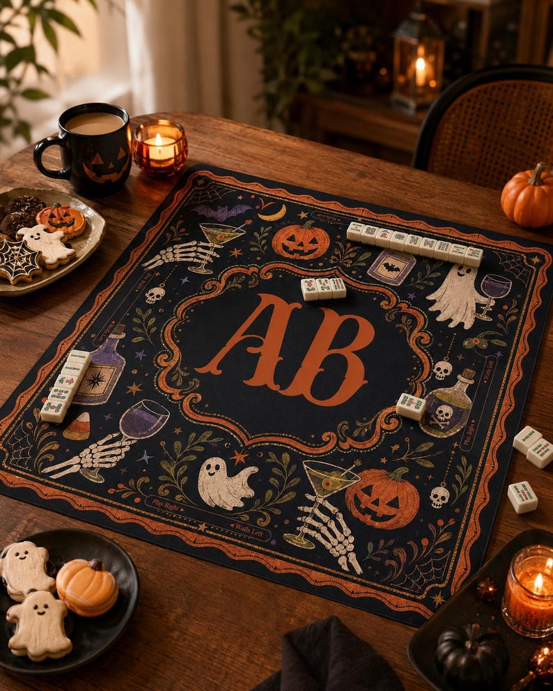Personalized Halloween Mahjong Mat, Custom Monogram Table Cover, Gothic Pumpkin Mahjong, Spooky Game Night Mat