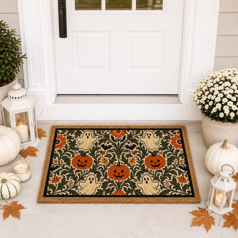 Vintage Ghost Pumpkin Door Mat, William Morris Inspired Fall Entry Rug