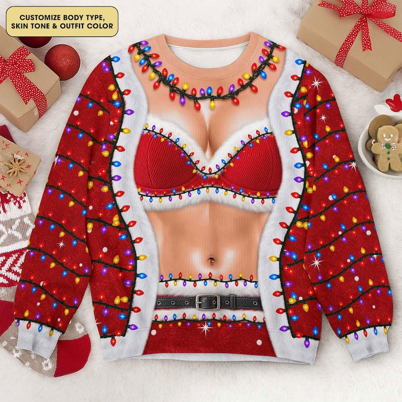 Funny Women's Christmas Sweater, Santa Body Illusion, Christmas Lights