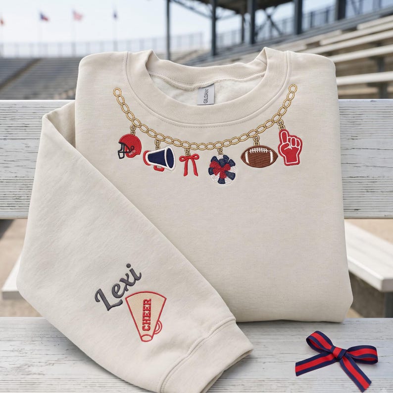 Custom Sports Charm Necklace Sweatshirt, Personalized Sleeve Name Cheer Football Crewneck, Coquette Bow Game Day Pullover