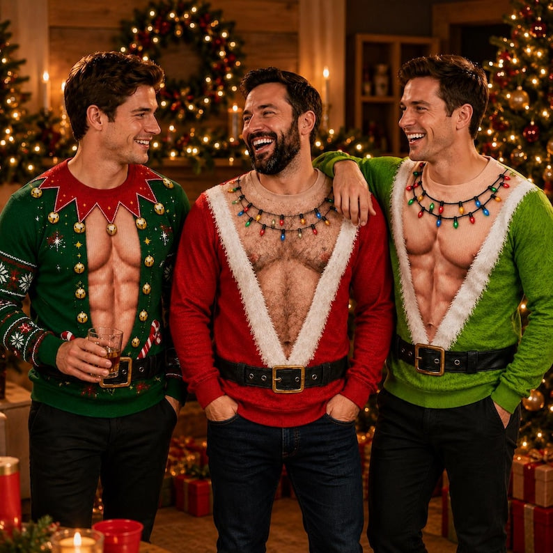 Funny Hairy Chest Ugly Christmas Sweater, Fake Abs Santa Sweatshirt, Novelty Holiday Party Pullover, Christmas Gag Gift