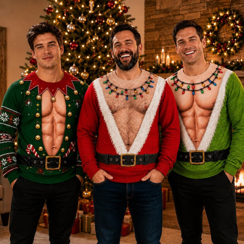 Funny Hairy Chest Ugly Christmas Sweater, Fake Abs Santa Sweatshirt, Novelty Holiday Party Pullover, Christmas Gag Gift