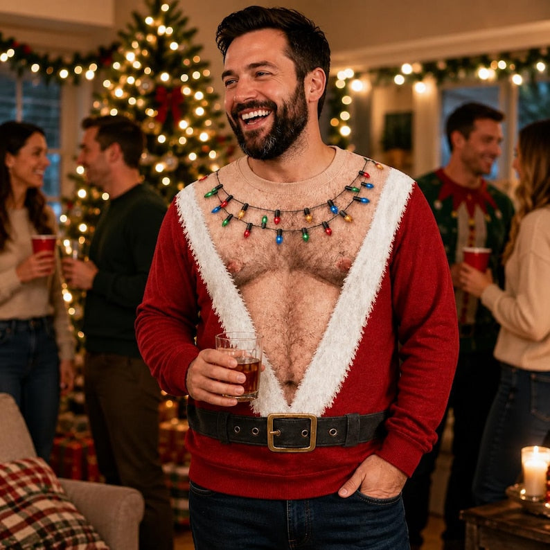 Funny Hairy Chest Ugly Christmas Sweater, Fake Abs Santa Sweatshirt, Novelty Holiday Party Pullover, Christmas Gag Gift