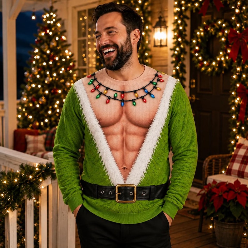 Funny Hairy Chest Ugly Christmas Sweater, Fake Abs Santa Sweatshirt, Novelty Holiday Party Pullover, Christmas Gag Gift
