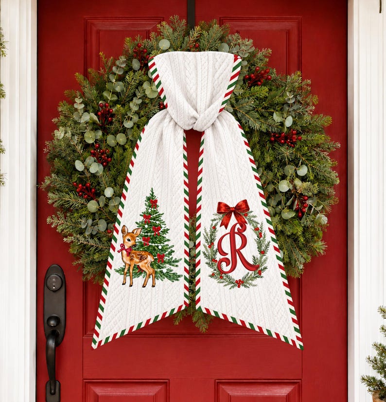 Personalized Deer Christmas Wreath Sash, Custom Monogram Door Sash, Christmas Wreath Bow, Holiday Door Decor