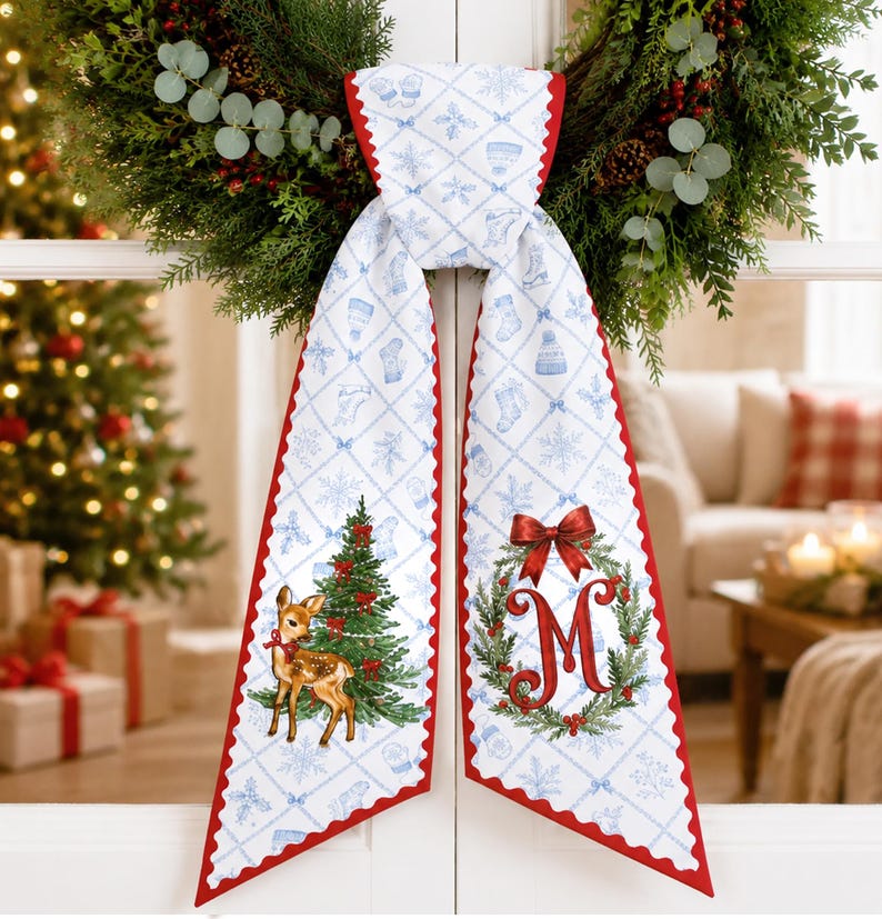 Personalized Deer Christmas Wreath Sash, Custom Monogram Door Sash, Christmas Wreath Bow, Holiday Door Decor