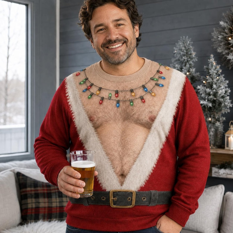 Funny 3D Fake Hairy Chest Christmas Sweatshirt, Birthday Gift For Husband, Santa Belly Sweatshirt, Ugly Xmas Party Shirt