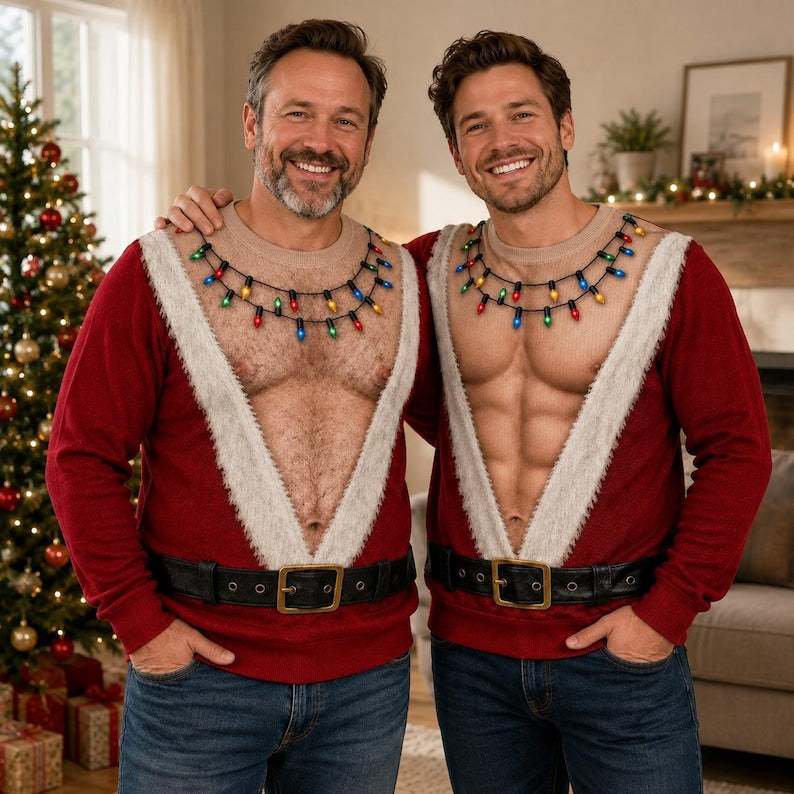 Funny 3D Fake Hairy Chest Christmas Sweatshirt, Birthday Gift For Husband, Santa Belly Sweatshirt, Ugly Xmas Party Shirt