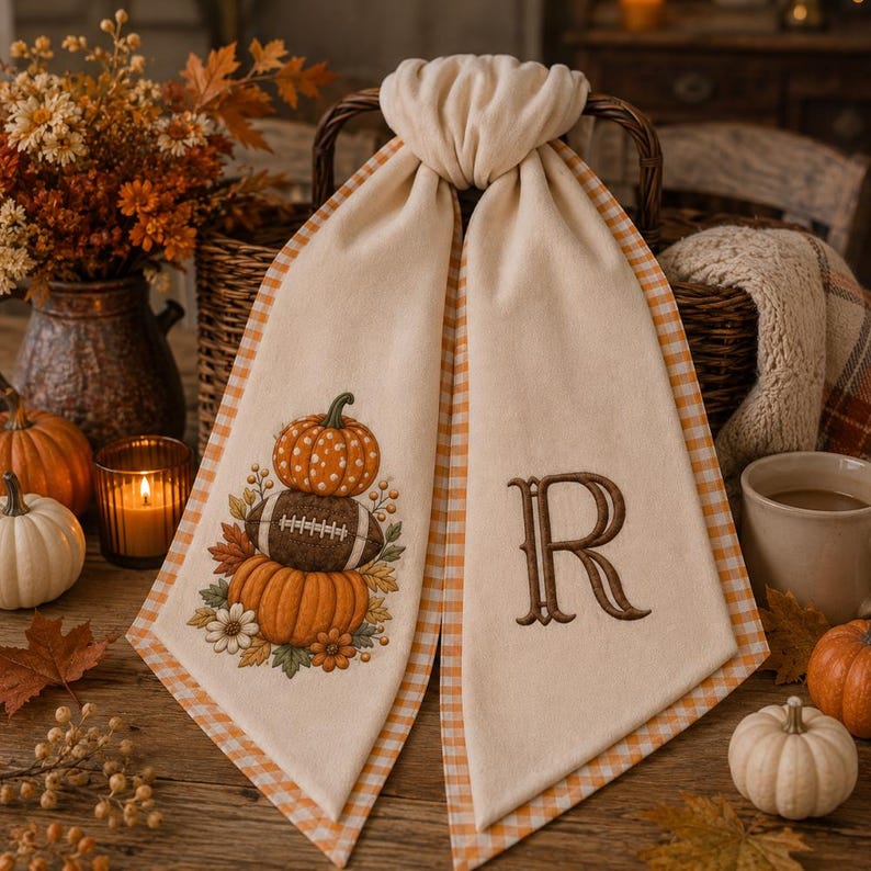 Embroidered Personalized Fall Kick Off Sash, Football Pumpkin Embroidered Ribbon, Monogram Front Door Decor