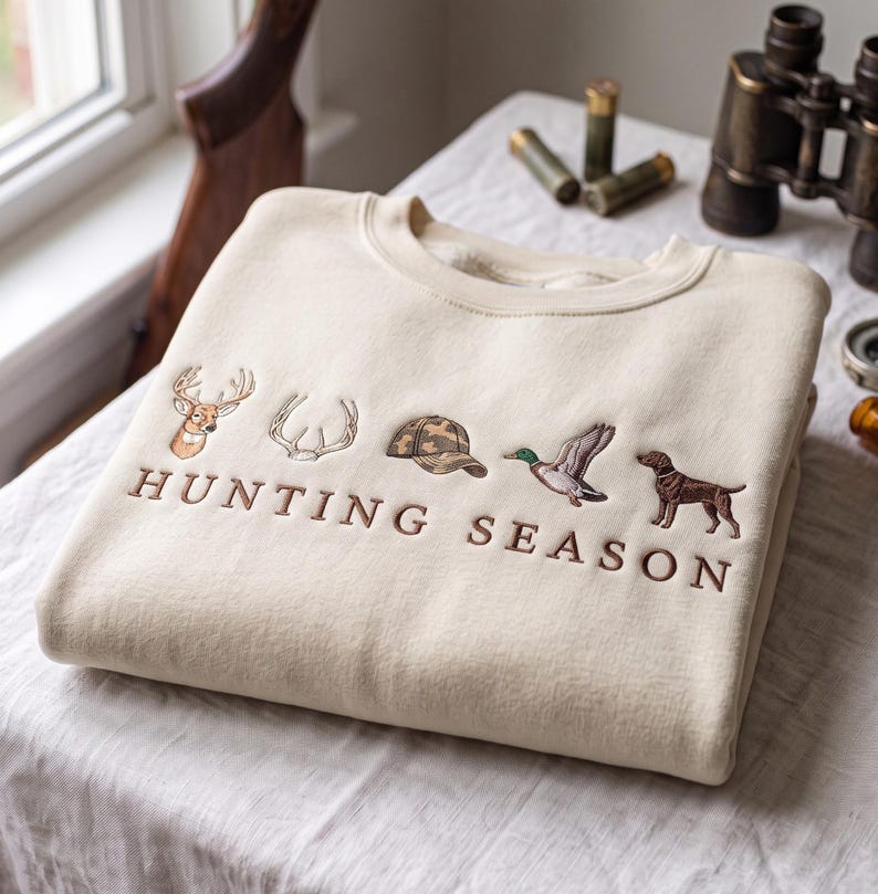 Embroidered Minimalist Hunting Season Sweatshirt, Deer Duck Turkey Icons