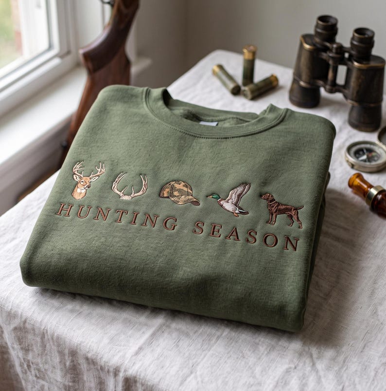 Embroidered Minimalist Hunting Season Sweatshirt, Deer Duck Turkey Icons
